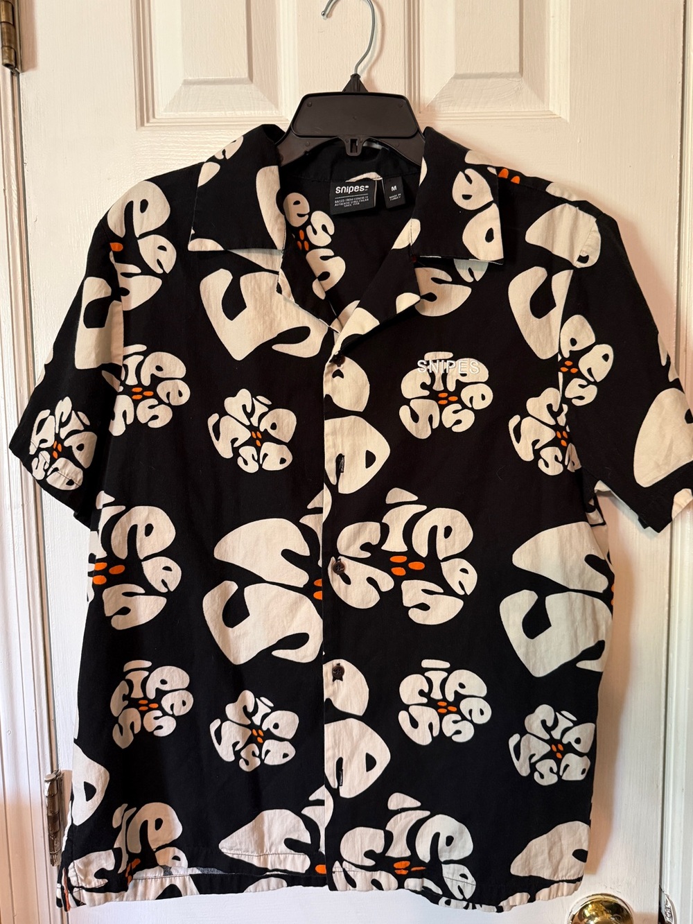 Black Short-Sleeve Button-Down with Cream Floral Print
